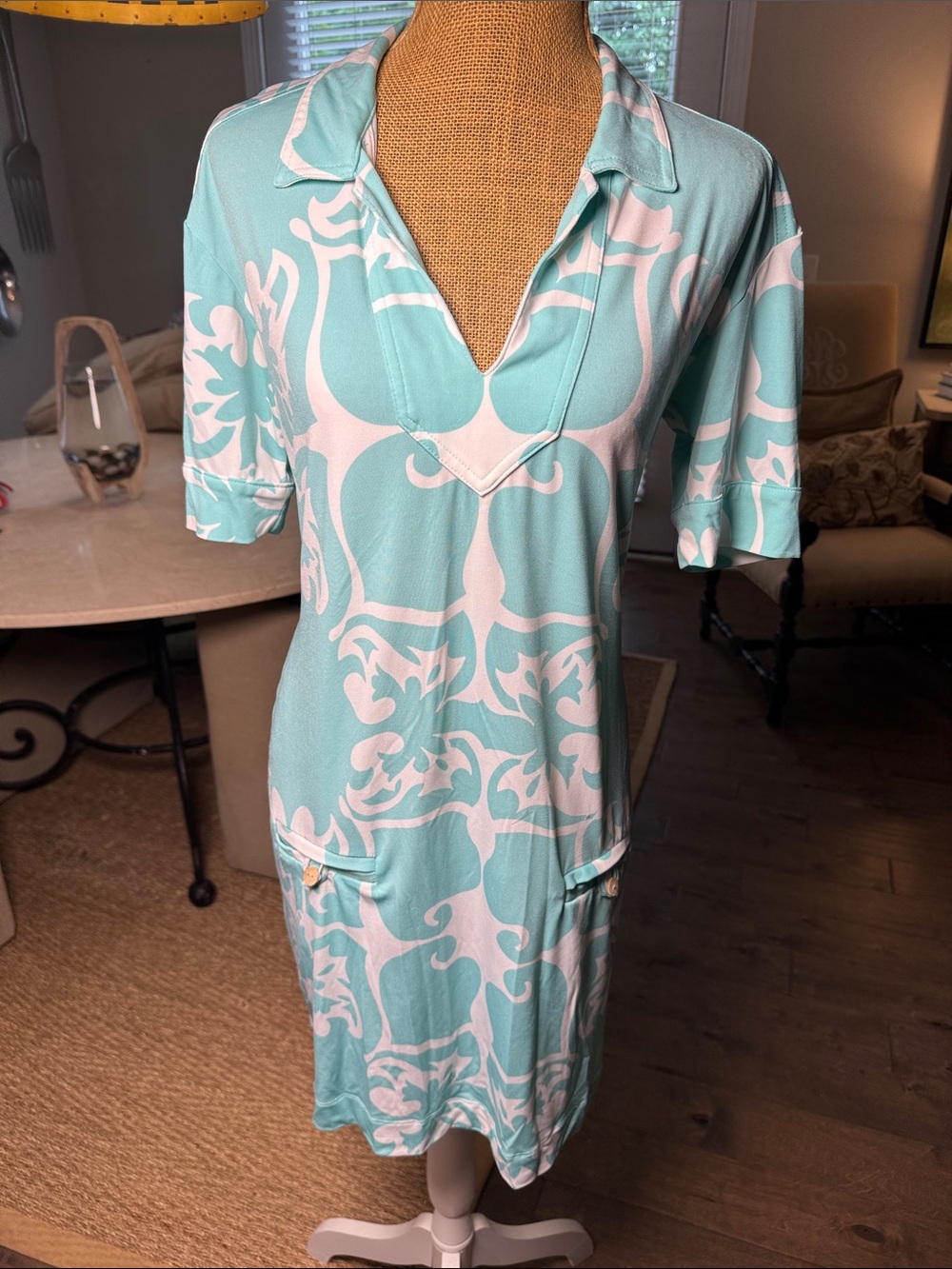 Tori Richard Aqua teal & White Print dress